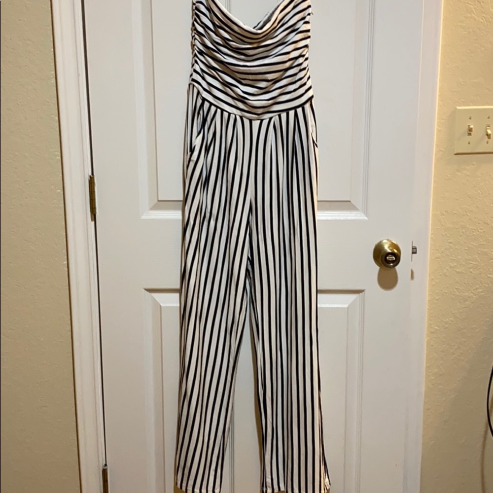 White and black stripe jumpsuit